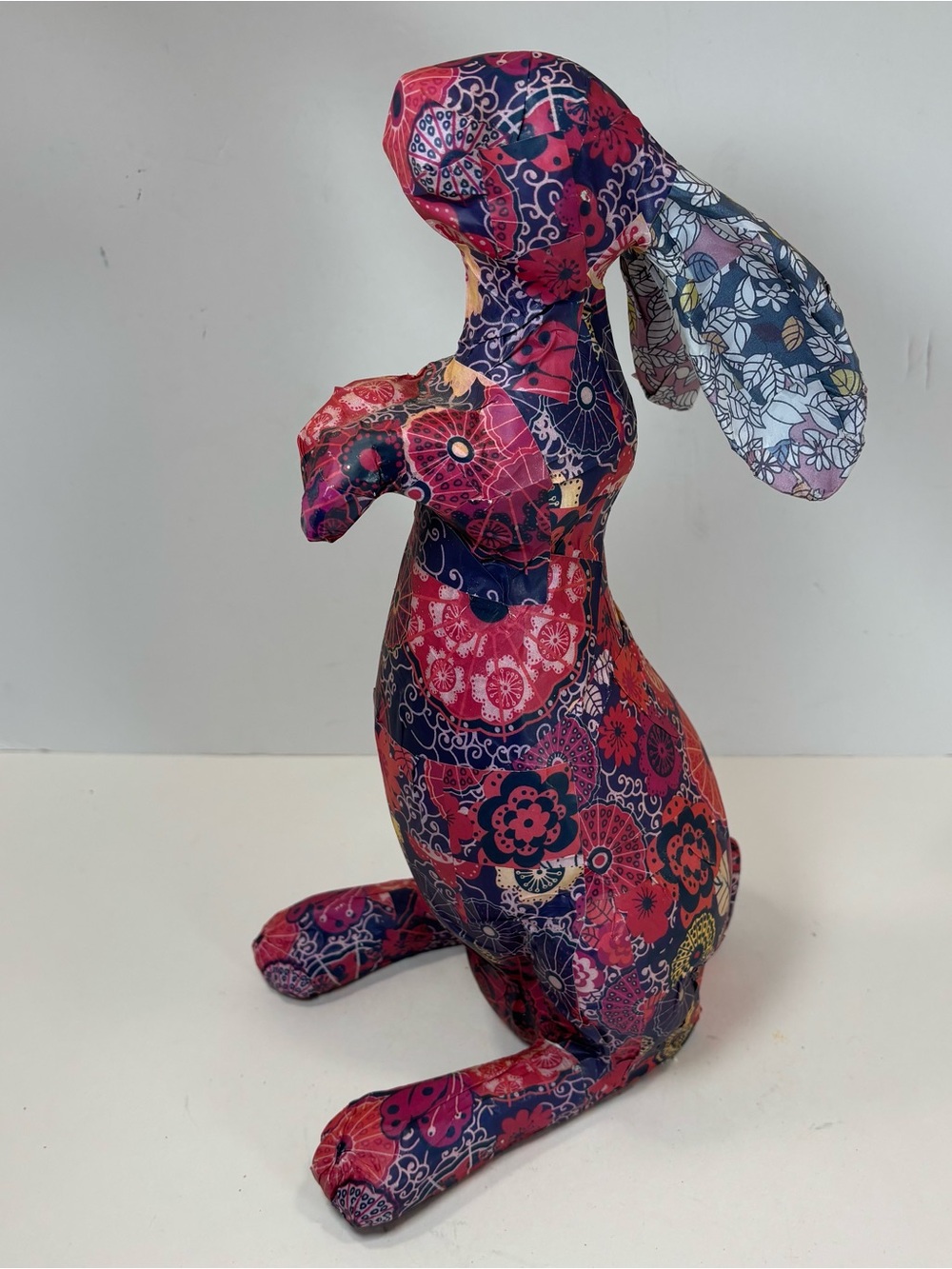 Vtg Handmade Patchwork Papier-Mâché Floral Kangaroo Figure Folk Art Cottagecore